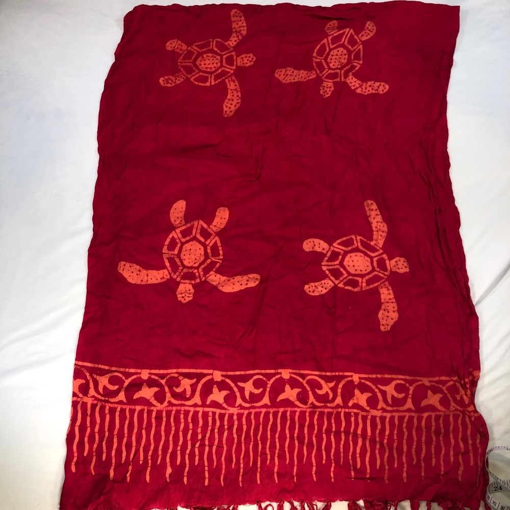 Pineaple Moon Red Orange Sea Turtle Batik Rayon Sarong Wrap Swim Cover Up Fringe